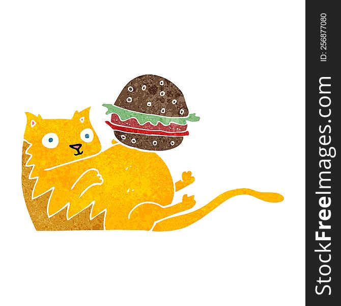 retro cartoon fat cat with burger