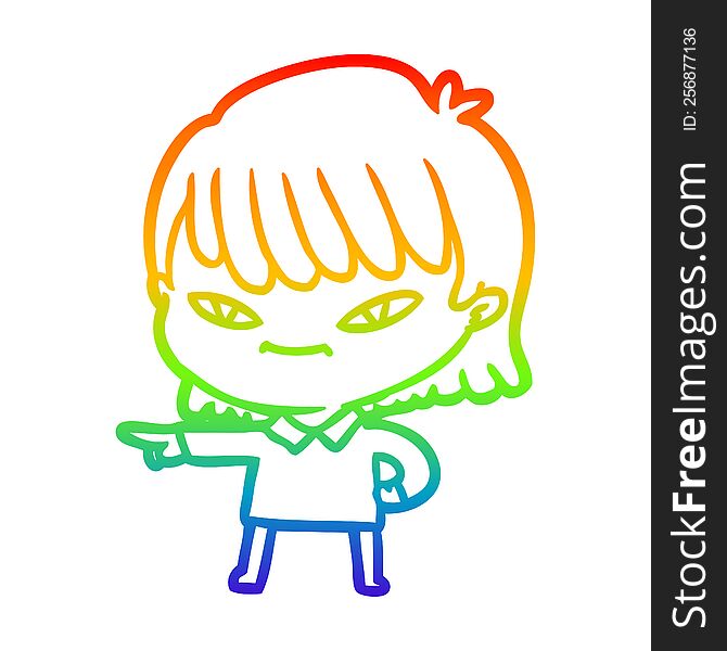 Rainbow Gradient Line Drawing Cartoon Pointing Woman