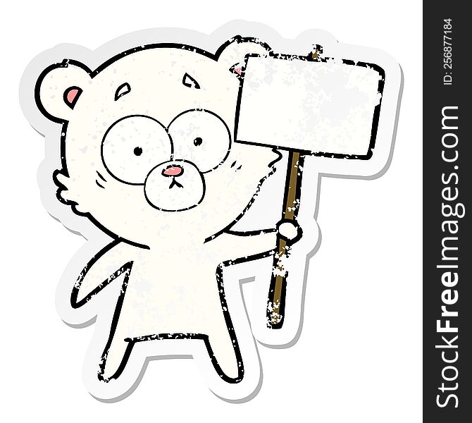 distressed sticker of a nervous polar bear cartoon with protest sign