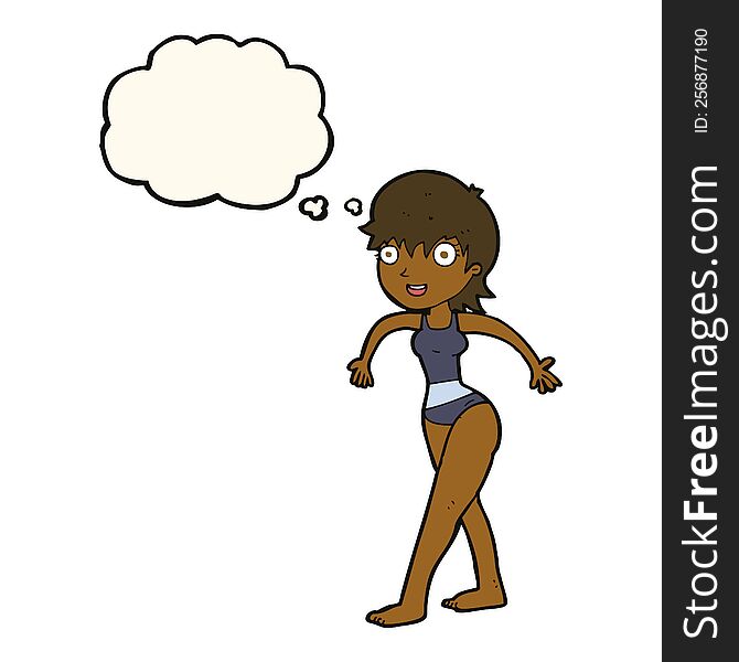 cartoon happy woman in swimming costume with thought bubble