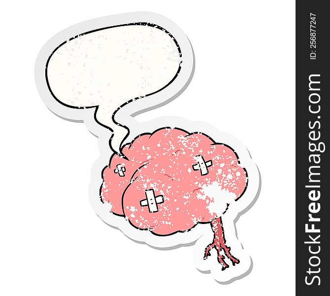 cartoon injured brain with speech bubble distressed distressed old sticker. cartoon injured brain with speech bubble distressed distressed old sticker