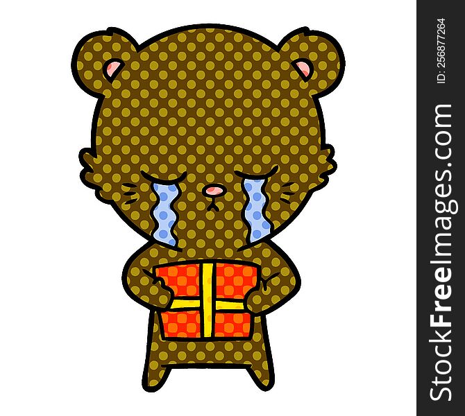 crying cartoon bear with present. crying cartoon bear with present