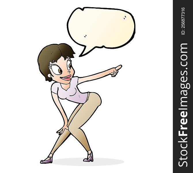 cartoon pretty woman pointing with speech bubble