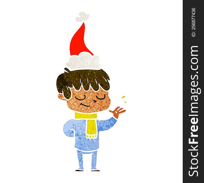 hand drawn retro cartoon of a happy boy wearing santa hat