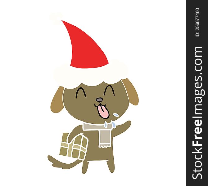 cute flat color illustration of a dog with christmas present wearing santa hat