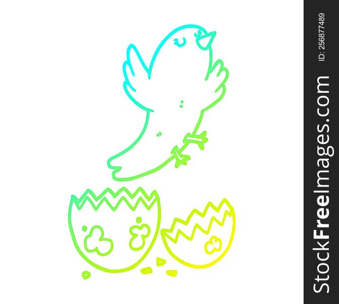 cold gradient line drawing of a cartoon bird hatching from egg