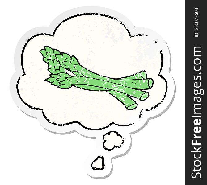 cartoon asparagus with thought bubble as a distressed worn sticker