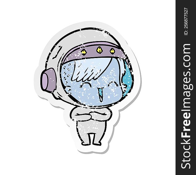 Distressed Sticker Of A Cartoon Laughing Astronaut Girl