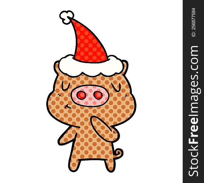 Comic Book Style Illustration Of A Content Pig Wearing Santa Hat
