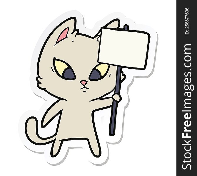 Sticker Of A Confused Cartoon Cat With Protest Sign