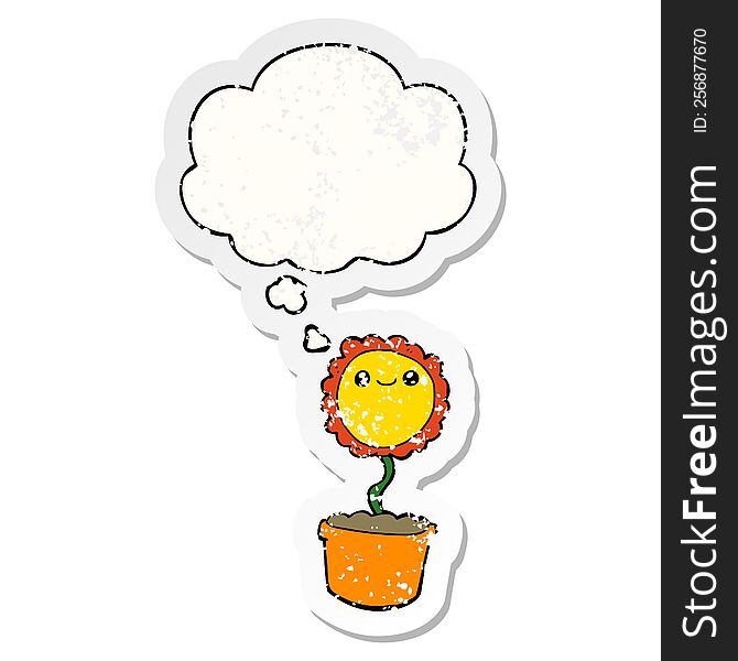 cartoon flower and thought bubble as a distressed worn sticker