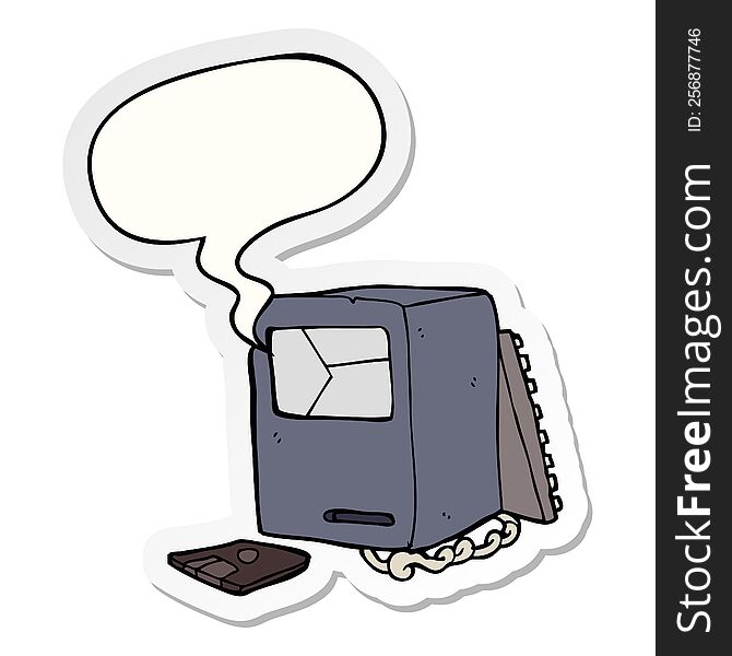 cartoon broken old computer with speech bubble sticker