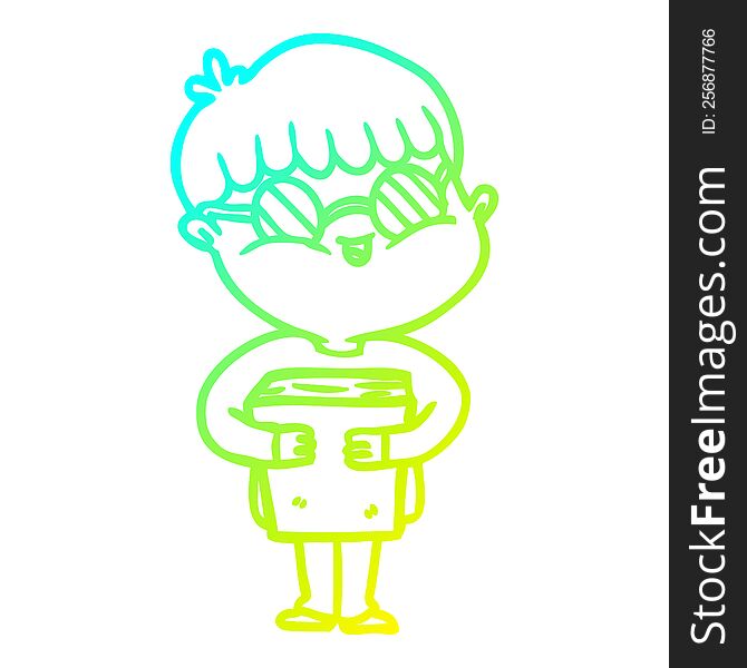 Cold Gradient Line Drawing Cartoon Boy Wearing Spectacles Carrying Book