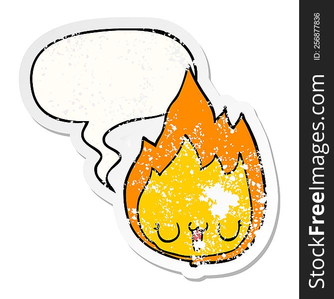 cartoon flame with face with speech bubble distressed distressed old sticker. cartoon flame with face with speech bubble distressed distressed old sticker