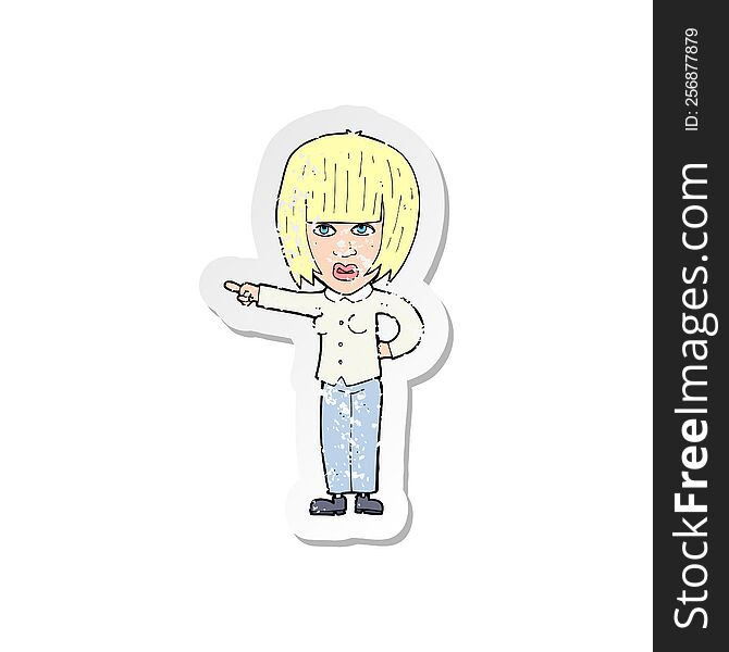 Retro Distressed Sticker Of A Cartoon Pointing Annoyed Woman