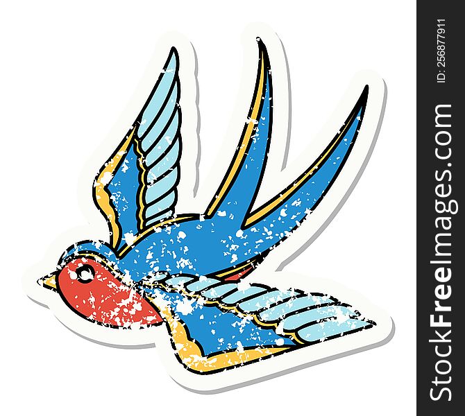 distressed sticker tattoo in traditional style of a swallow. distressed sticker tattoo in traditional style of a swallow