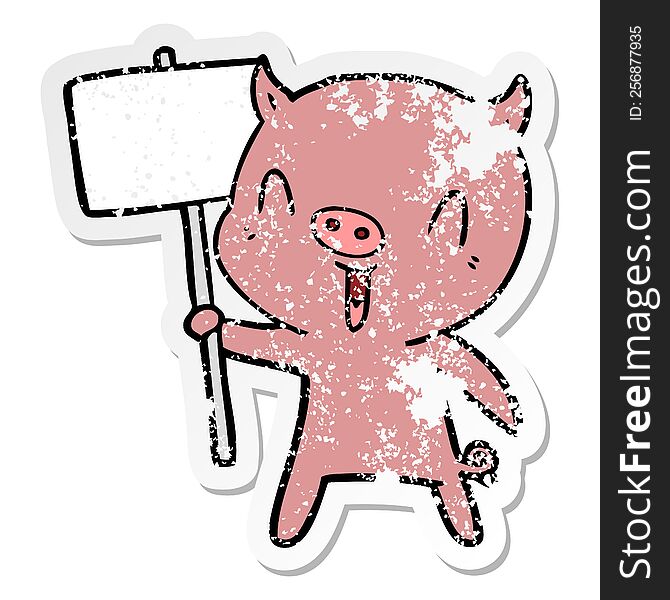 distressed sticker of a happy cartoon pig with sign post