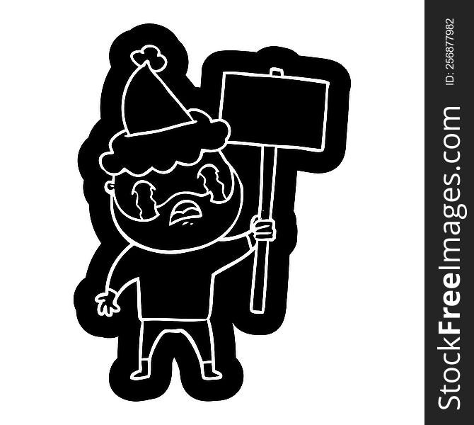 quirky cartoon icon of a bearded protester crying wearing santa hat