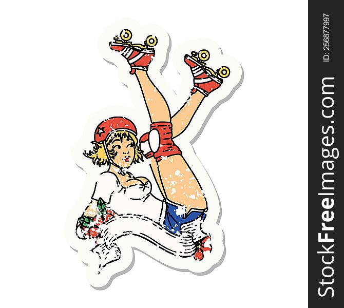 distressed sticker tattoo in traditional style of a pinup roller derby girl with banner. distressed sticker tattoo in traditional style of a pinup roller derby girl with banner