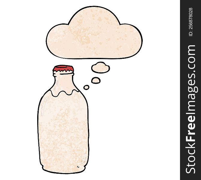 cartoon milk bottle with thought bubble in grunge texture style. cartoon milk bottle with thought bubble in grunge texture style