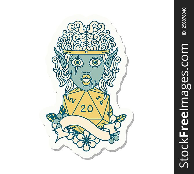 Elf Barbarian Character Face With Natural Twenty Dice Roll Sticker