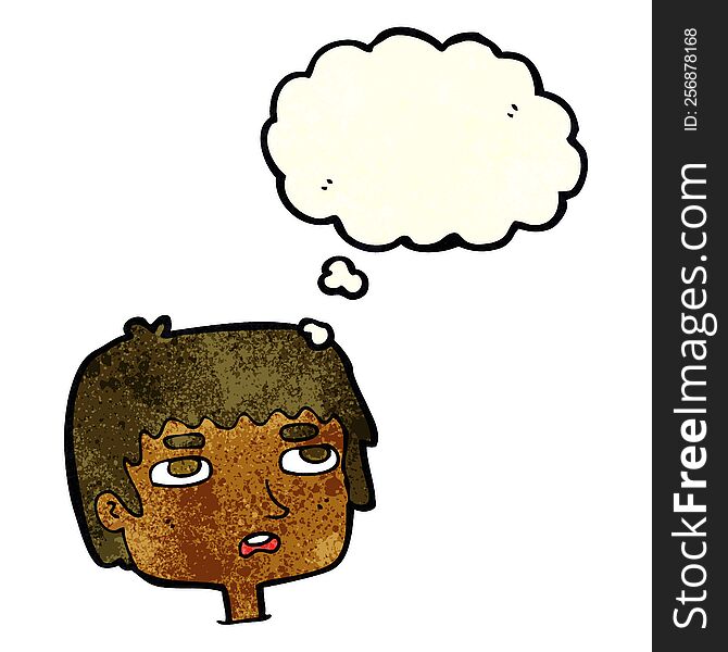 cartoon unhappy face with thought bubble