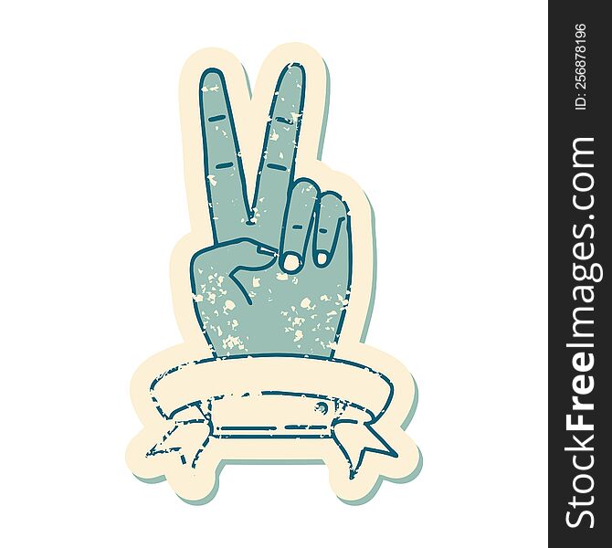 Peace Two Finger Hand Gesture With Banner Grunge Sticker