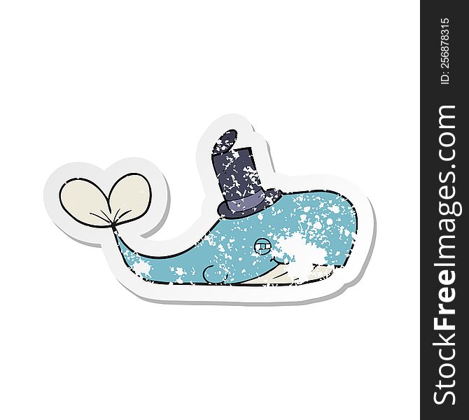 Retro Distressed Sticker Of A Cartoon Whale Wearing Hat