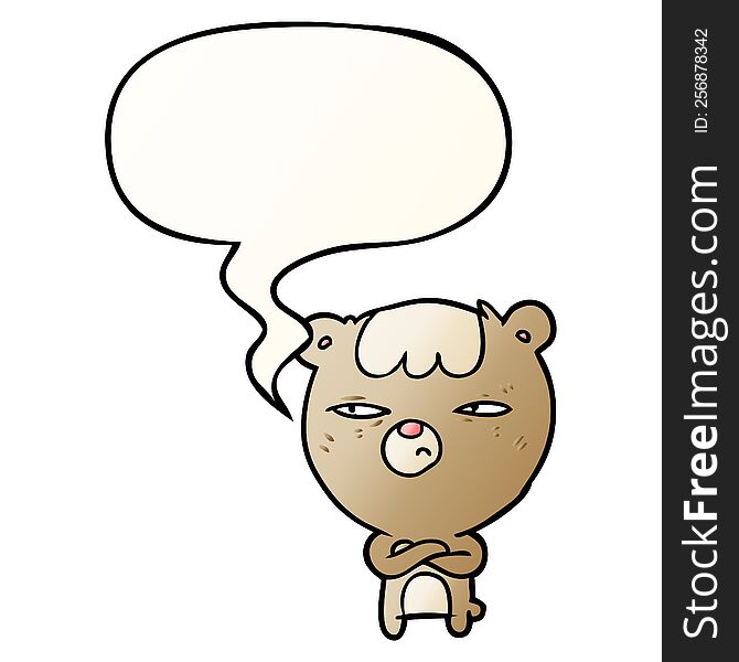 cartoon annoyed bear and arms crossed and speech bubble in smooth gradient style