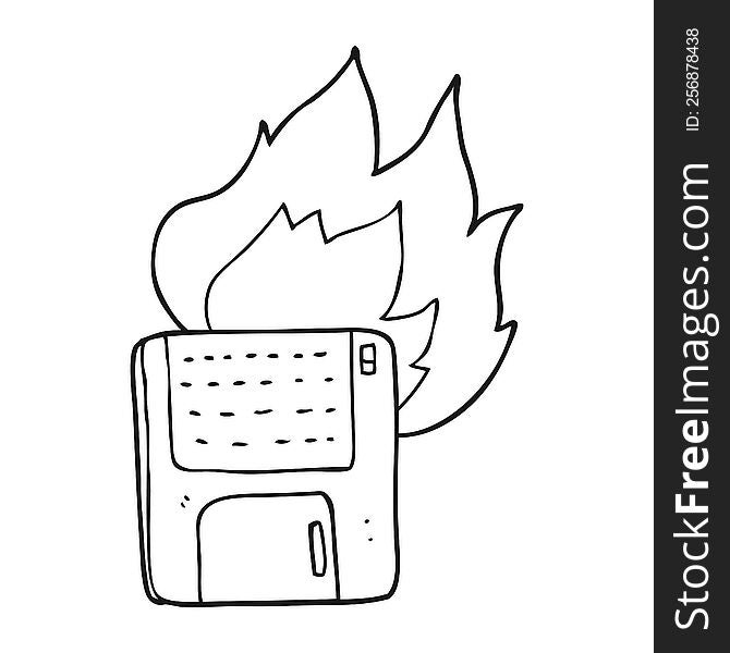 black and white cartoon old computer disk burning