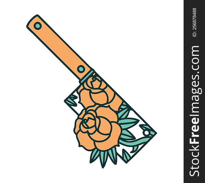 Tattoo Style Icon Of A Cleaver And Flowers