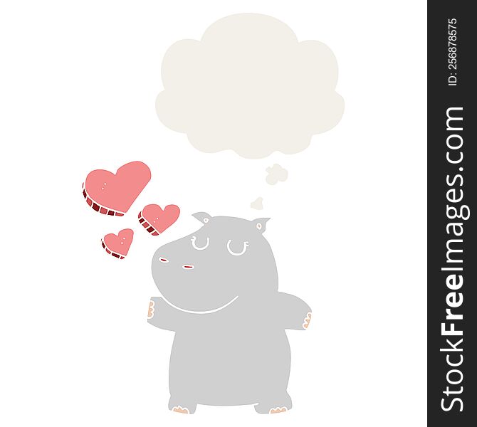 cartoon hippo in love with thought bubble in retro style