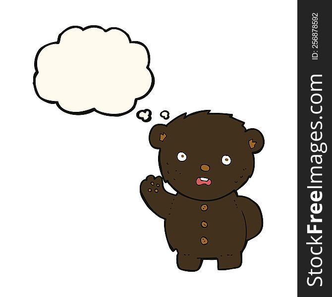 cartoon unhappy black teddy bear with thought bubble