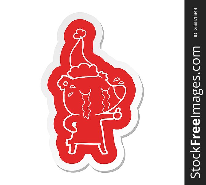 Cartoon  Sticker Of A Crying Bear Wearing Santa Hat