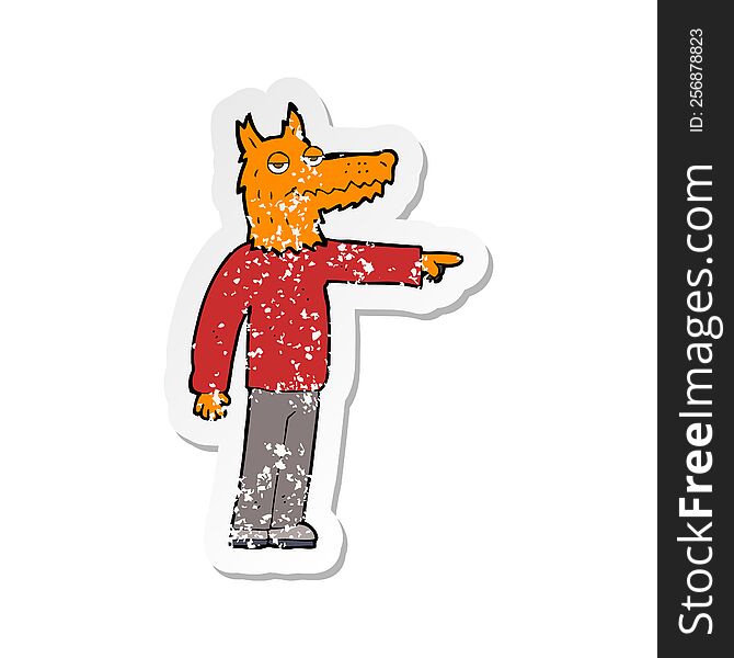 Retro Distressed Sticker Of A Cartoon Fox Man Pointing
