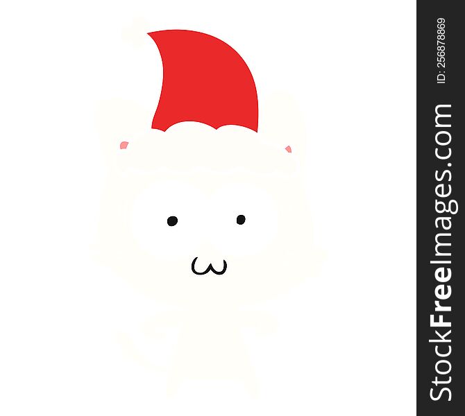 hand drawn flat color illustration of a surprised cat wearing santa hat