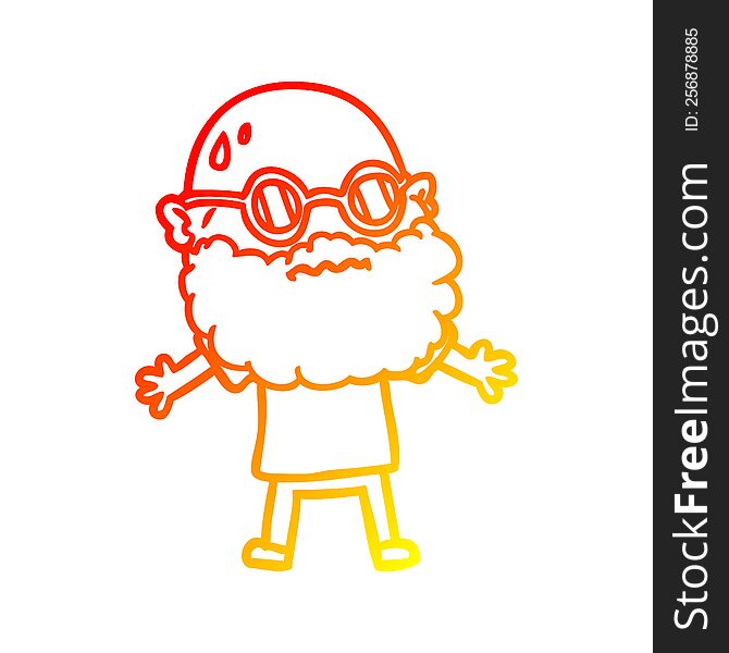 warm gradient line drawing of a cartoon worried man with beard and sunglasses