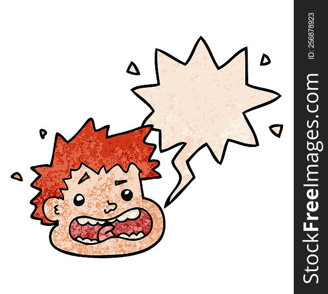 cartoon frightened face with speech bubble in retro texture style