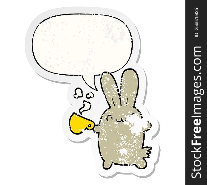 cute cartoon rabbit drinking coffee with speech bubble distressed distressed old sticker. cute cartoon rabbit drinking coffee with speech bubble distressed distressed old sticker