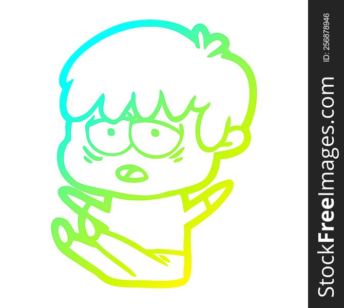 cold gradient line drawing of a cartoon exhausted boy