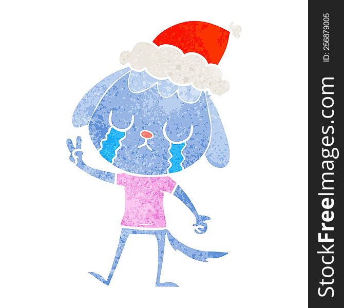 Cute Retro Cartoon Of A Dog Crying Wearing Santa Hat