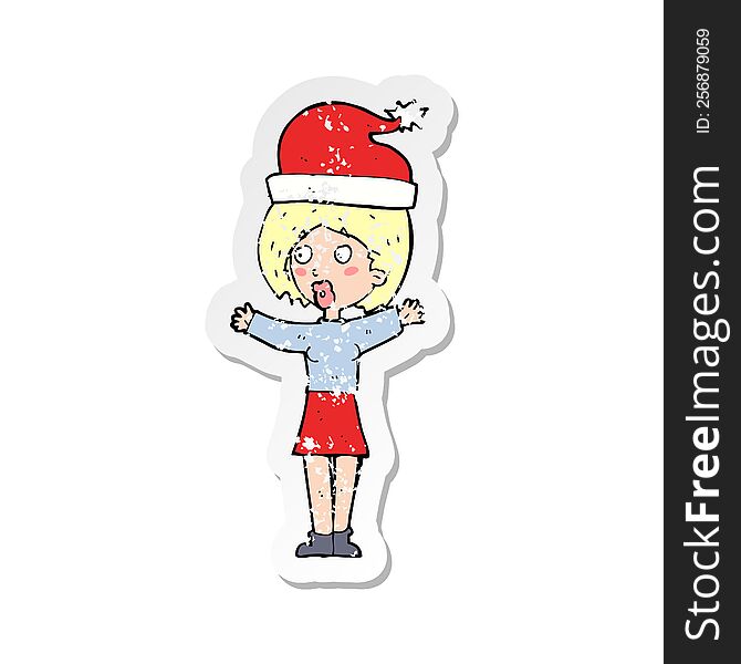 Retro Distressed Sticker Of A Cartoon Woman Wearing Xmas Hat