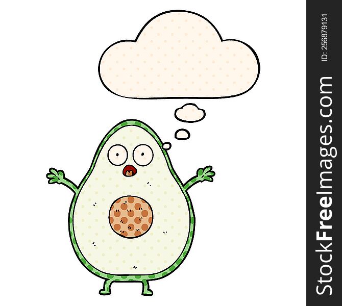 cartoon avocado with thought bubble in comic book style