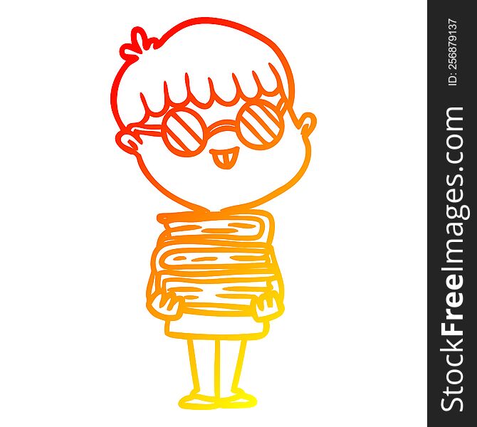 warm gradient line drawing of a cartoon nerd boy with spectacles and book