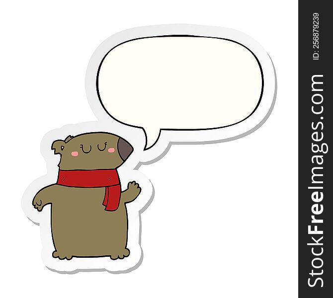 cartoon bear with scarf with speech bubble sticker. cartoon bear with scarf with speech bubble sticker