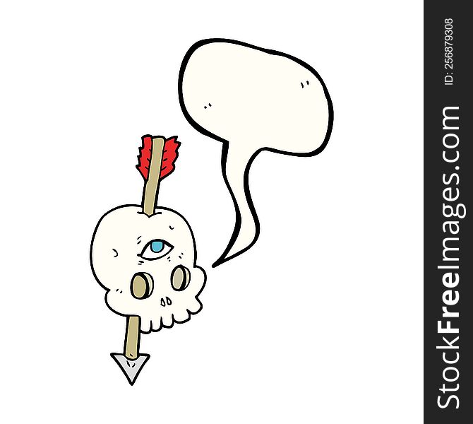 speech bubble cartoon magic skull with arrow through brain