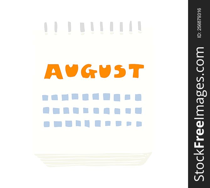 flat color illustration of a cartoon calendar showing month of august