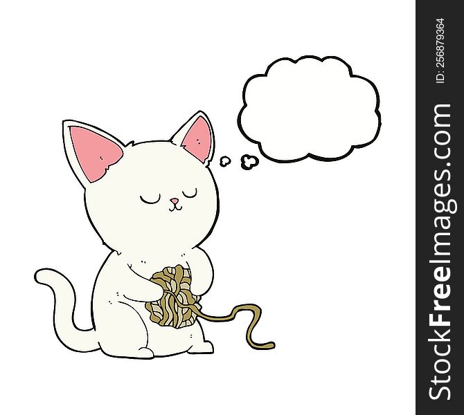 Cartoon Cat Playing With Ball Of Yarn With Thought Bubble