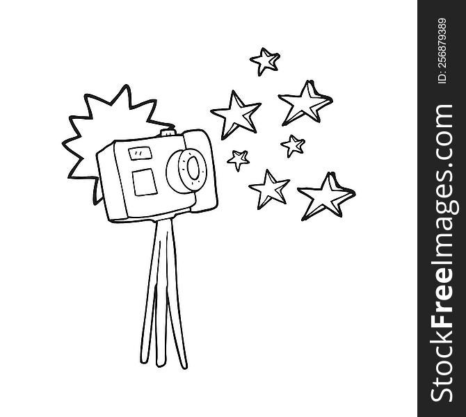 freehand drawn black and white cartoon camera on tripod with flash