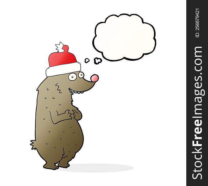 Thought Bubble Cartoon Bear Wearing Christmas Hat